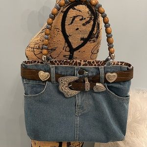 Denim Jean Handbag unique handbag with wooden beaded handles.